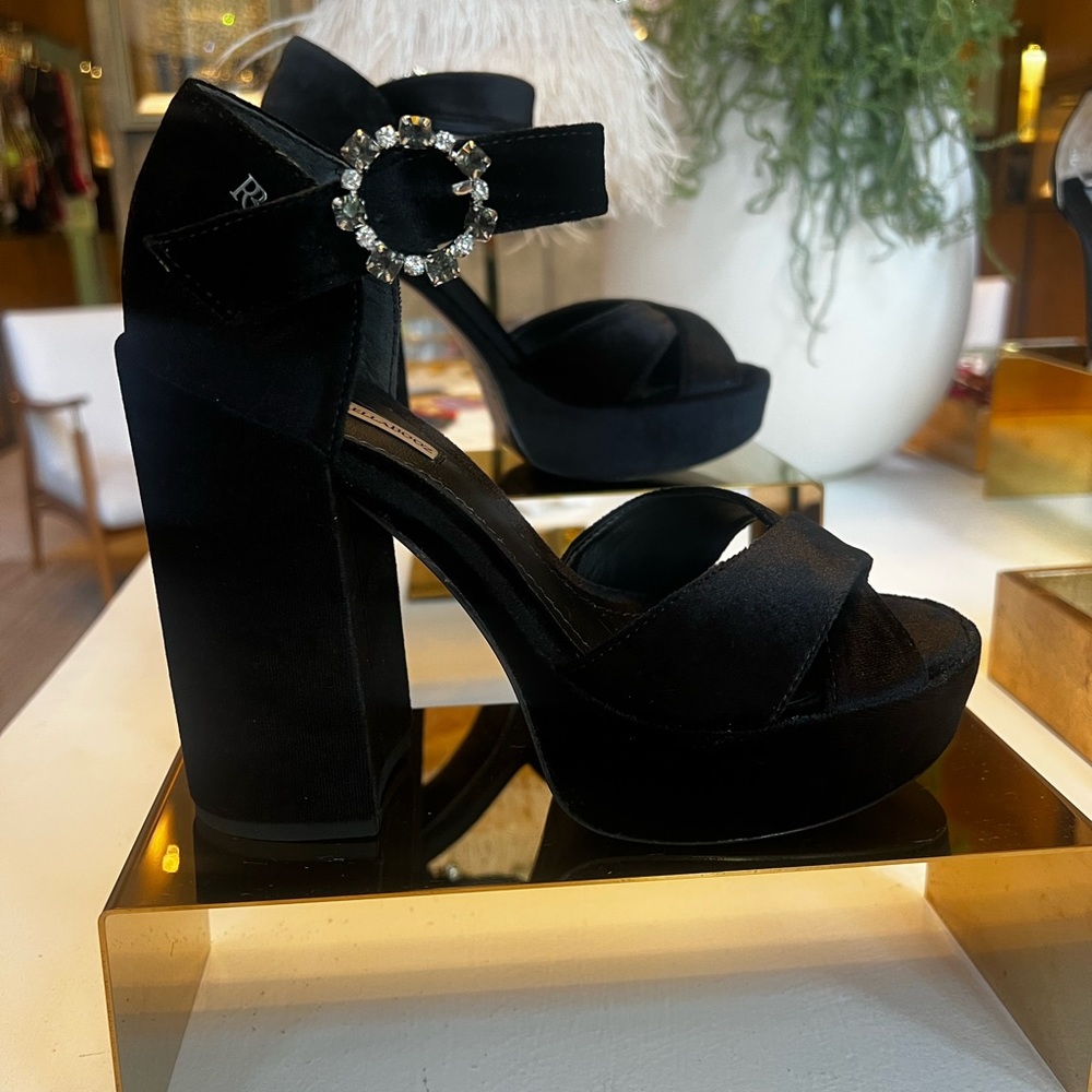 Brazilian Black Velvet Sandal chunky block heel